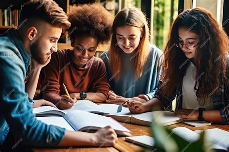 Premium Photo | Students Team Sitting Together at Table University ...