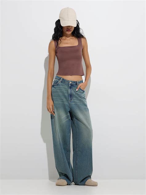 Buy Superstar Brown Ribbed-Textured Padded Tank Top from Westside