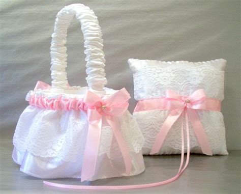 Deluxe Light Pink Flower Girl Basket and Ring Bearer Pillow Set ~ Lace ...