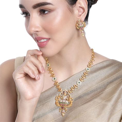 Gold Plated CZ Lakshmi Devi Designer Bridal Necklace Set – Estele