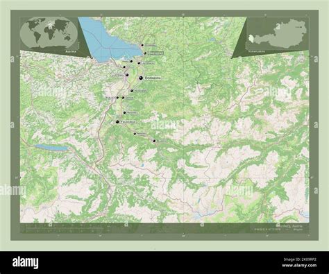 Vorarlberg, state of Austria. Open Street Map. Locations and names of major cities of the region ...