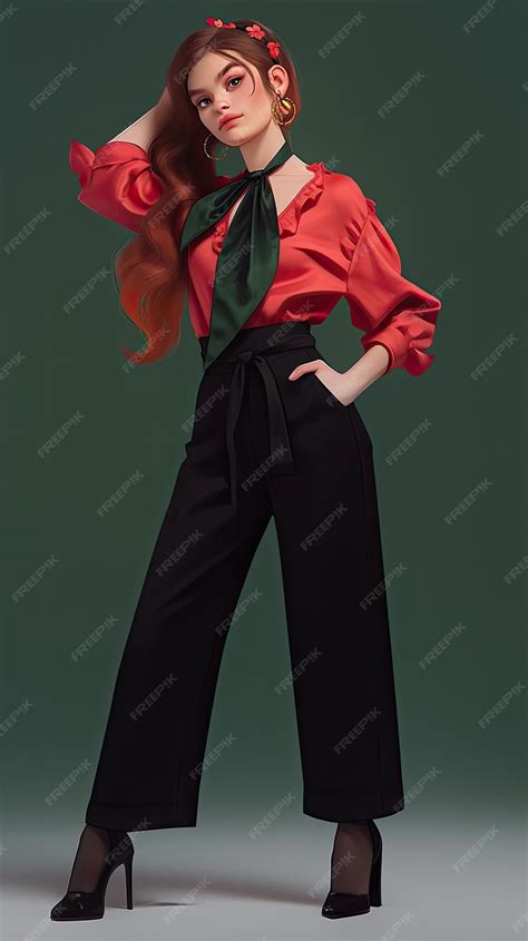 Premium Photo | A woman in a red shirt and black pants posing in front ...