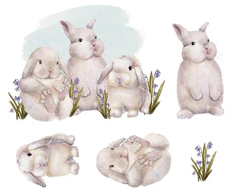 A charming watercolor set of three cute bunnies sitting together ...