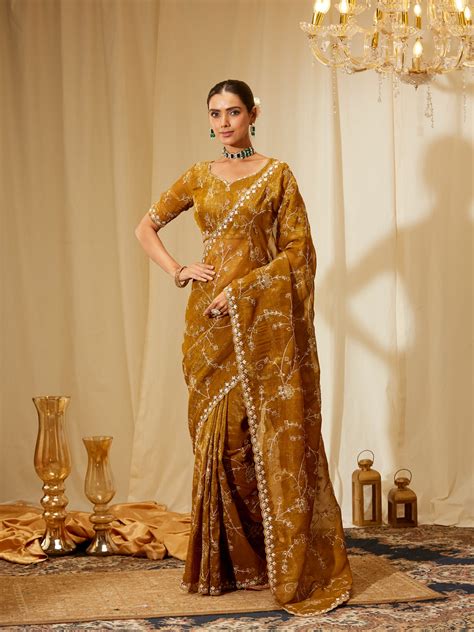 Kasee Women's Mustard Embroidered Satin Saree with Subtle Shimmer ...