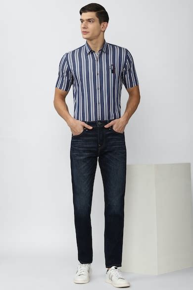 Buy Men Navy Slim Fit Stripe Half Sleeves Casual Shirt Online - 718374 ...