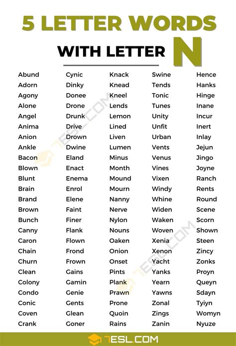 5 Letter Words with N (2700+ English Words) • 7ESL
