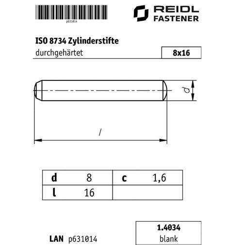 ISO 8734 Zylinderstift durchgehärtet, 8x16, Toleranzfeld m6, Form A 1. ...