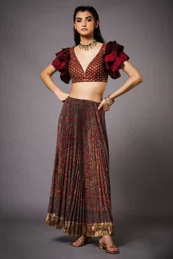 Buy Multi Color Poly Crepe, Brocade V Neck Ruffle Crop Top And Lehenga ...