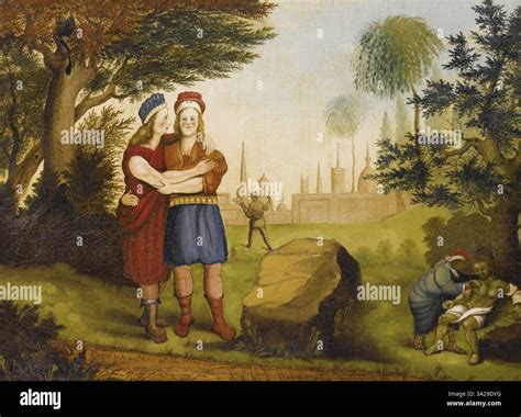 This artwork depicts the biblical scene of Jonathan and David at the ...