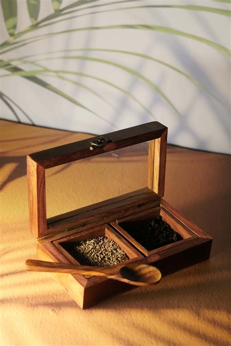 Vintage Wooden Spice Box with Glass Lid – Craft Decor