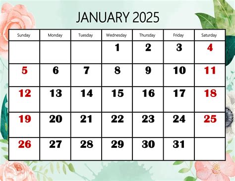 January 2025 Calendar Printable PDF Template with Holidays
