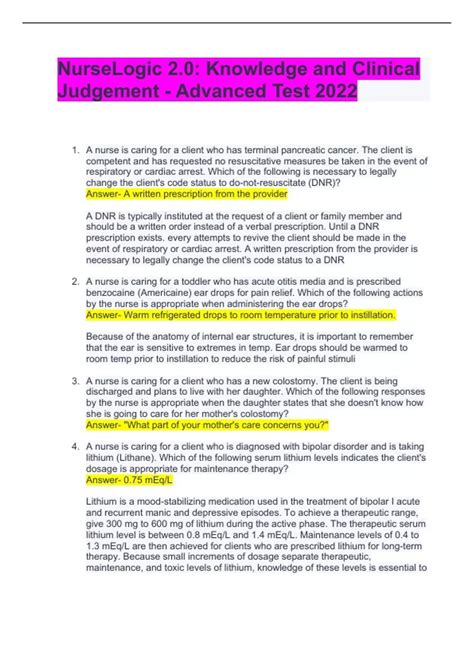 NurseLogic 2.0: Knowledge and Clinical Judgement - Advanced Test 2024 ...