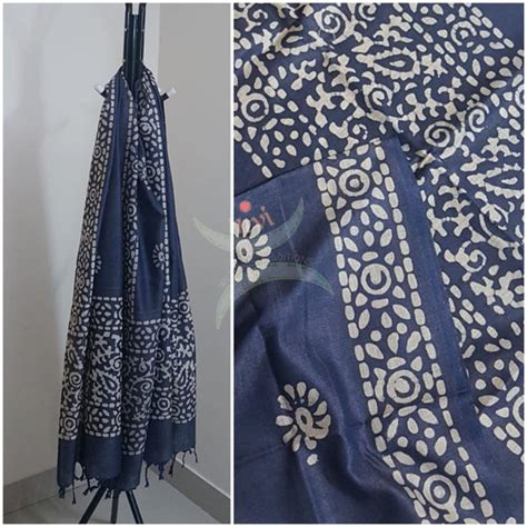 Navy blue hand printed silk blend batik dupatta – Nivi- Weaving Traditions