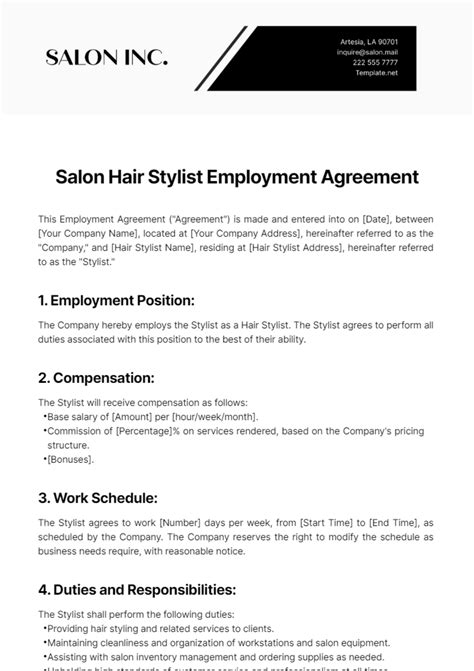 Free Salon Hair Stylist Employment Agreement Template to Edit Online