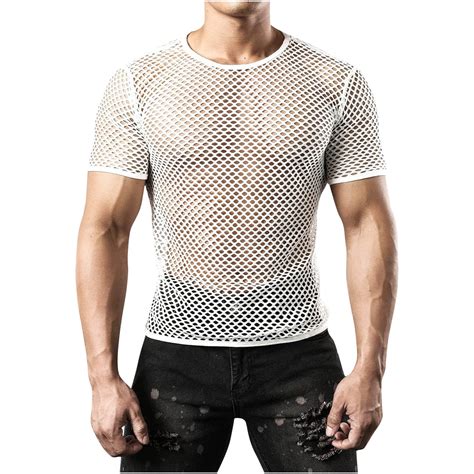 Dovford Mens Mesh Tops Cute Fishnet Semi Sheer Mesh T Shirt Crewneck ...