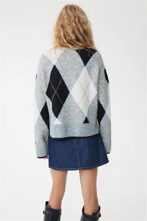 Jacquard-knit jumper - Grey marl/Argyle pattern - Ladies | H&M GB