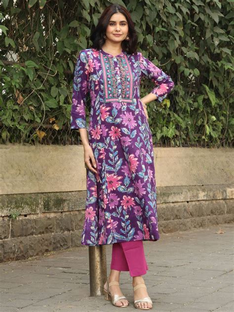 Purple Cotton Printed Kurta with Embroidered Neck and Mirror Work ...