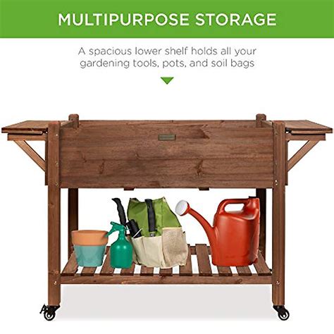 Mobile Raised Wood Garden Bed with Folding Tables & Wheels