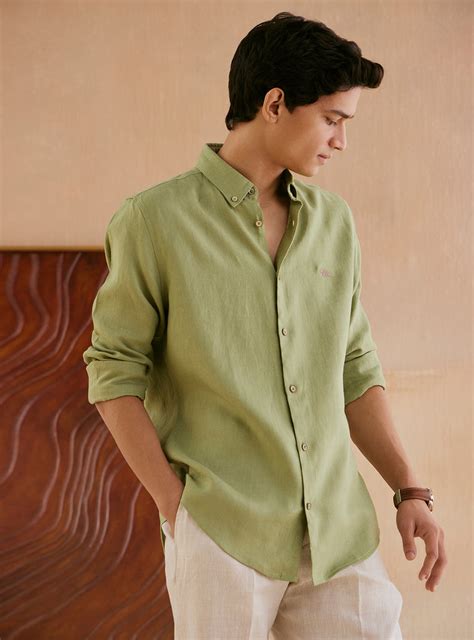 Buy Avocado Green Linen Shirt | Casual Green Solid Shirt Neck for Men ...