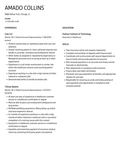 Patient Accounts Representative Resume Samples | Velvet Jobs