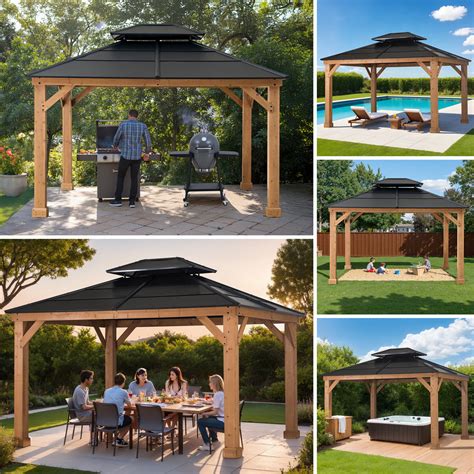 Sunjoy Hardtop Gazebo 11’ x 13’ Outdoor Cedar Framed Wood Gazebo with ...