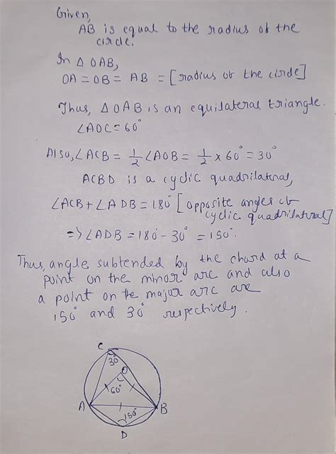 A chord of a circle is equal to the radius of the circle. Find the ...
