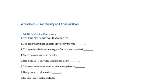 Biodiversity and Conservation I: MCQs & Assertion-Reason Qs Worksheet ...