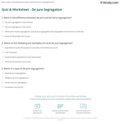 Quiz & Worksheet - De Jure Segregation | Study.com