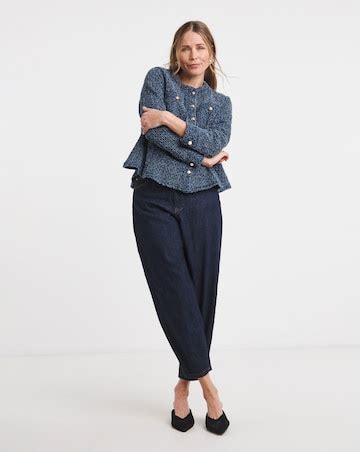 Indigo Boucle Peplum Collarless Denim Jacket | Ambrose Wilson