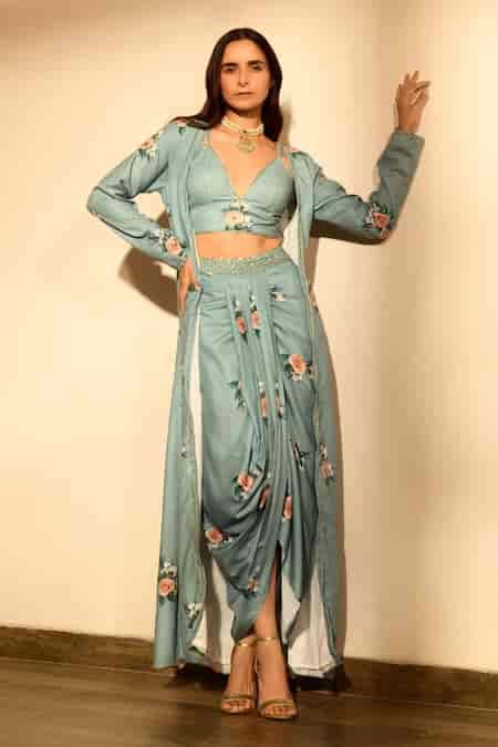 Buy Green Linen Pearls, Embroidery, Cut Work, Floral Print Jacket And ...