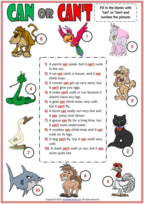 Can or can't esl worksheet with animals vocabulary for kids