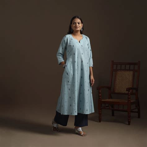 Blue A-Line Cotton Hand Embroidered Jacquard Kurta for women