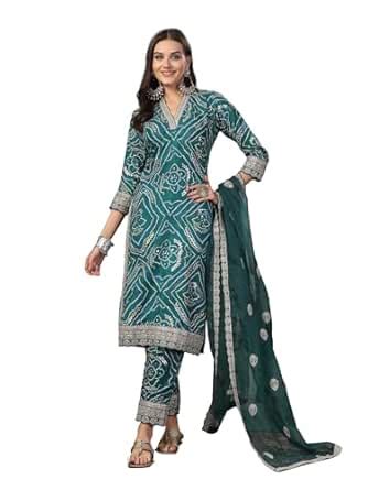 Buy Stylum Women's Bandhani Print & Embroidered Muslin Straight Kurta ...