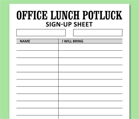 Potluck Food Sign Up Sheet Sign Up Sheets Printable Signs Templates