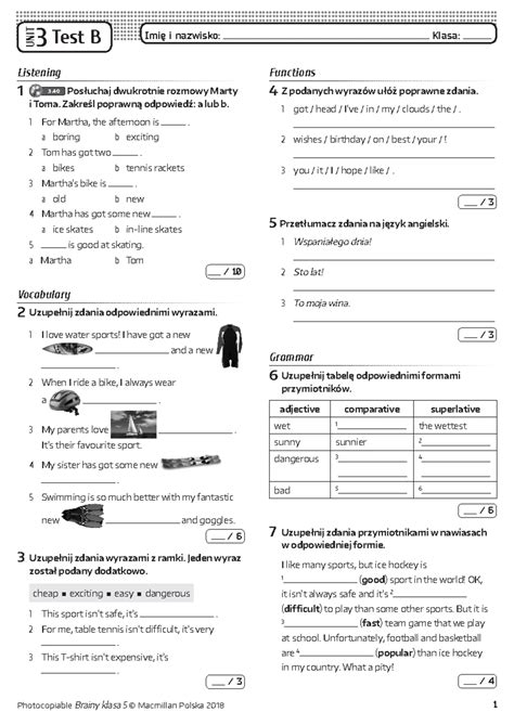 Brainy klasa 5 Unit Tests Answer Key - UNIT 1 Unit 1 Test A 1 1F 2F 3T ...