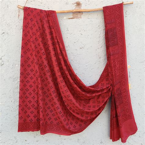 TARA-Pure Cotton Bagh Red And Black Hand Block Printed Saree – Sanskruti