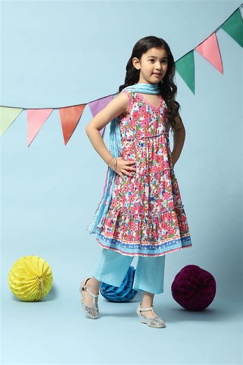 Blue Cotton Tiered Kurta Straight Palazzo Suit Set