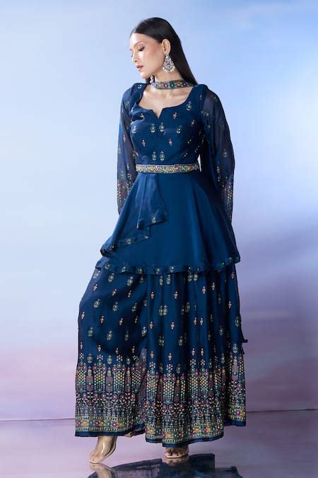 Buy Blue Crepe Embroidered Thread Notched Anarkali Palazzo Set For ...