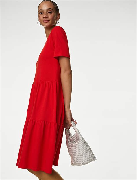 Buy Pure Cotton Jersey Knee Length Tiered Dress at Marks & Spencer