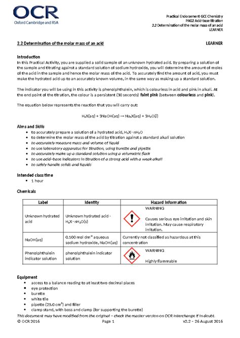 GCE Chemistry PAG2: Acid-Base Titration & Molar Mass Determination ...
