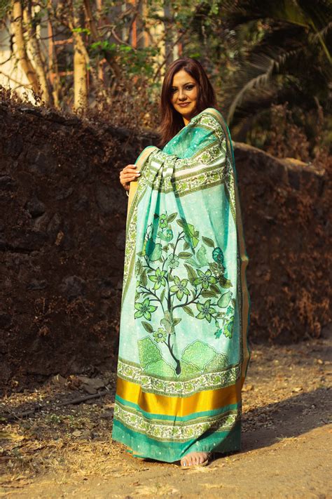 Cotton Kasavu Saree,Tree of Life Design • Sea Green – rusticblends
