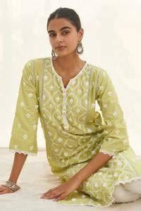 Buy Green 100% Pure Mulmul Rivona Panelled Kurta And Satari Pant Set ...