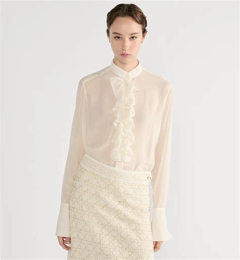 Blouse with Ruffled Neckline Ecru Silk Georgette | DIOR