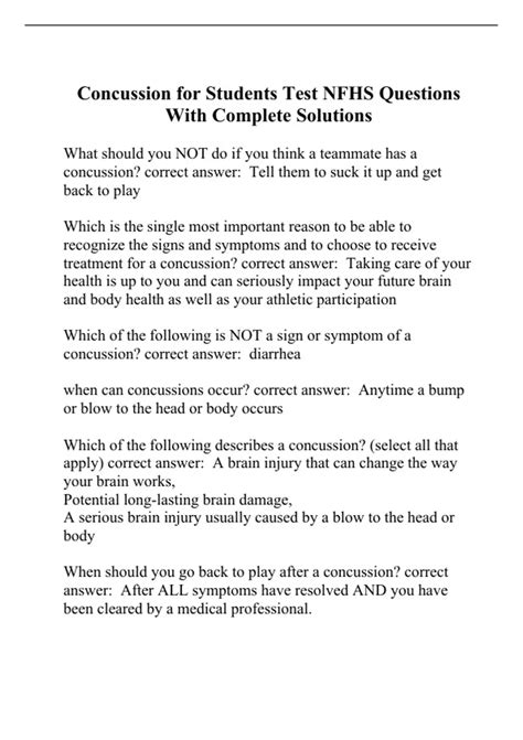 Concussion for Students Test NFHS Questions With Complete Solutions ...