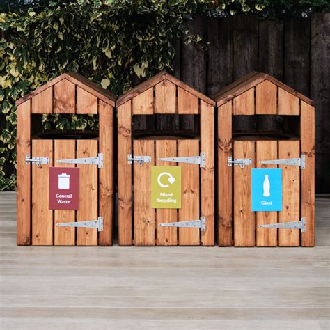 Triple Outdoor Wooden Recycling Bin Station - Woodberry