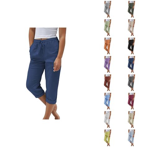 Capri Pants for Women 2025 Cotton Linen Elastic High Waisted Straight ...