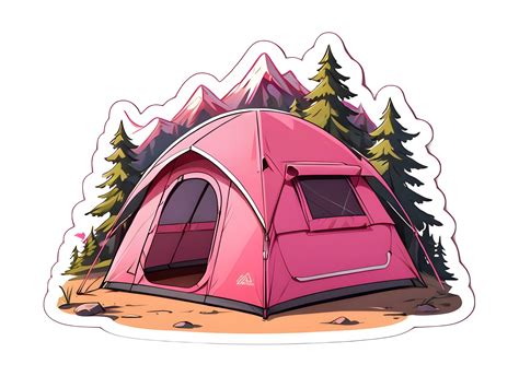 Cartoon pink camping tent sticker with white contour isolated 44428026 PNG