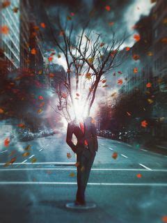 Download wallpaper 240x320 man, city, surrealism, tree, foliage, light ...