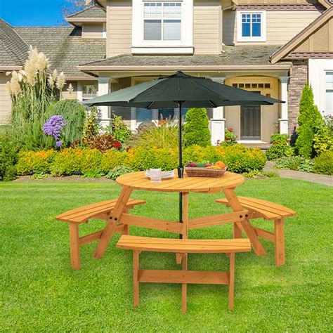 Amazon.com : 6 Person Outdoor Wooden Picnic Table with Benches, Outdoor ...