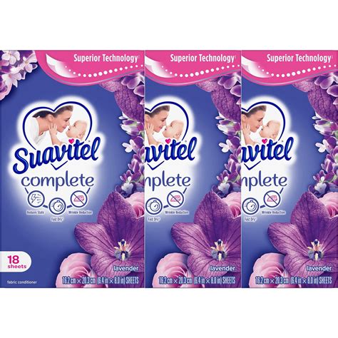 Suavitel Complete Fabric Softener Dryer Sheets, Lavender, 18 Sheets, 3 ...